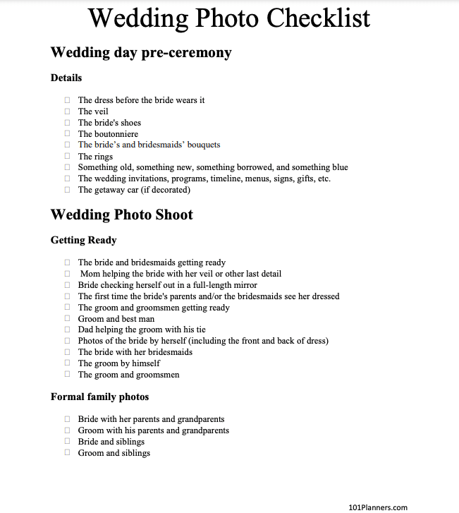 Wedding Photography Shot List in PDF, Excel & Numbers -
