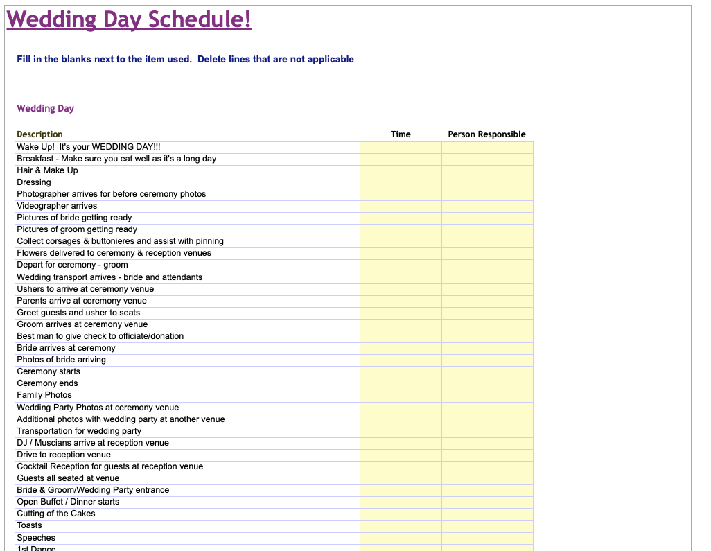 Wedding Itinerary Template Excel
