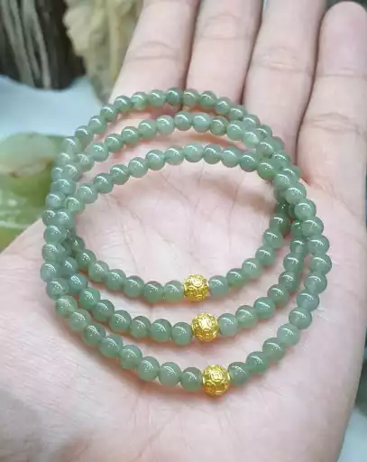 24 Karat au999 Gold Coin Ball Bead in Green Jade Mini Beaded Bracelet Set