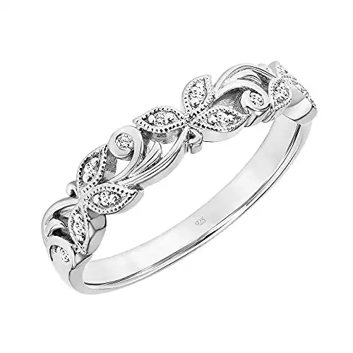 Stackable Floral Vine Leaf 0.07 Diamond Ring for Women; Anniversary. Sterling Silver.
