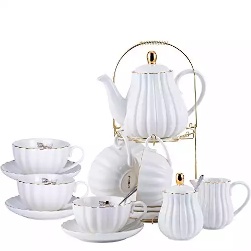 Jusalpha Fine China White Teacup Set; Cups & Saucer Service for 6, with Teapot-Sugar Bowl-Cream Pitcher Teaspoons and tea strainer