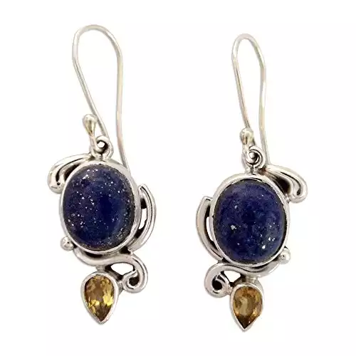 NOVICA Handmade Lapis Lazuli Citrine Dangle Earrings Indian with .925 Sterling Silver Blue Yellow