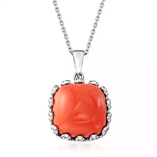 Ross-Simons Orange Coral Square Pendant Necklace in Sterling Silver. 18 inches