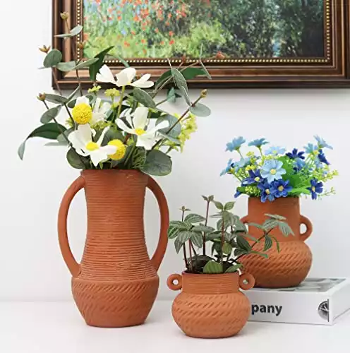 Terracotta Vases Set of 3 Vases, Farmhouse Decor, Ceramic Vases for Flowers, Rustic Home Decor