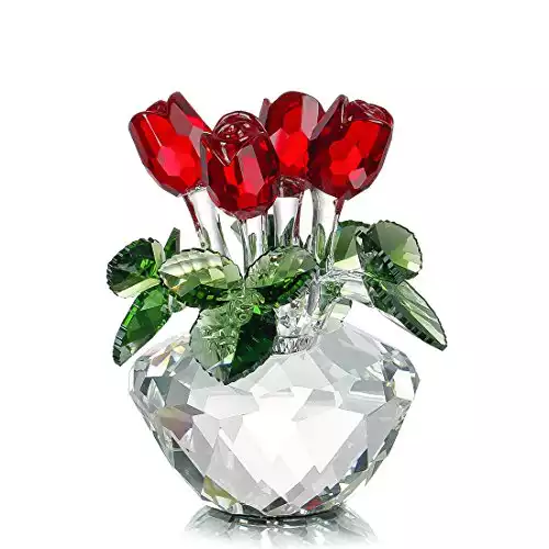 H&D HYALINE & DORA Red Rose Figurine Ornament Spring Bouquet Crystal Glass Flowers Gift-Boxed