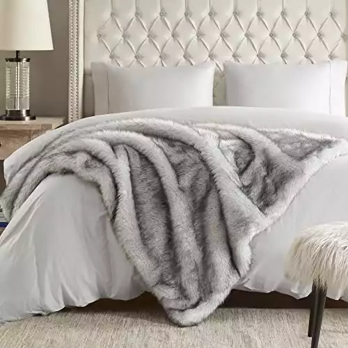 Hyde Lane Ultra Long Pile Faux Fur Throw Blanket, Luxury Fluffy Wolf Grey with Black Tipped Blanket
