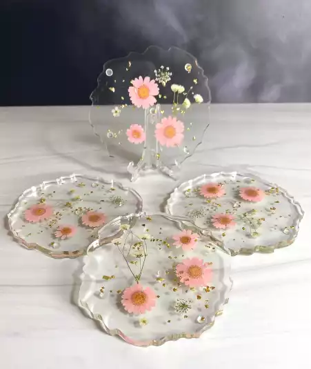 Handmade Pink Flower Coasters - 5 Organic Shape Coasters