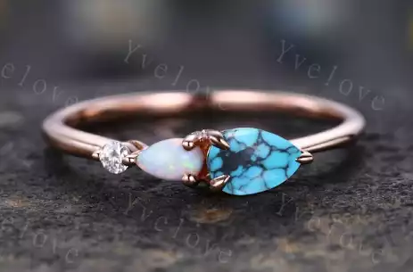 Vintage Turquoise Opal Ring Pear Cut Gems Art Deco