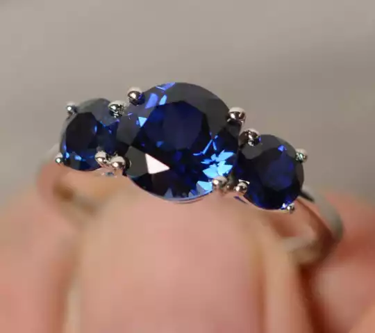 3 Stone Ring Lab Sapphire Blue Ring by LUO