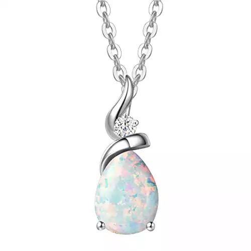 FANCIME Created Opal Necklace 14K Solid White Gold Pear Shaped Teardrop Pendant Gifts for Women Sterling Silver Chain