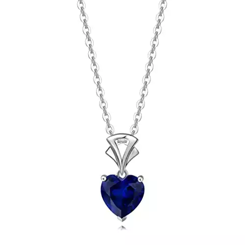 AGVANA Jewelry for Women 14K Solid White Gold Sapphire Heart Pendant Necklace with Sterling Silver Chain Necklace