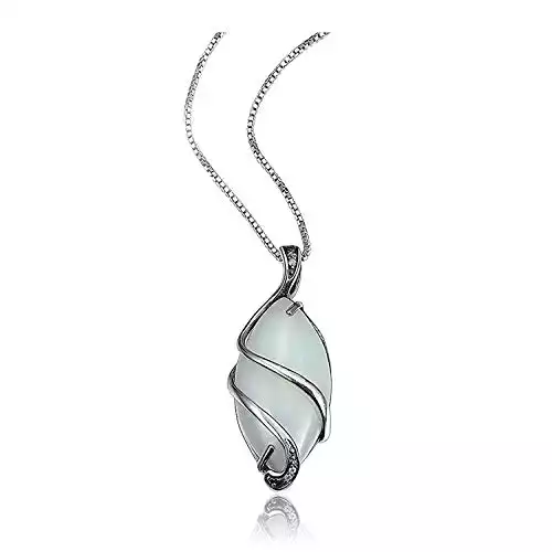 MORGAN & PAIGE .925 Sterling Silver & Green Jade Diamond-Accented 3/4" Wire-Wrapped Marquise Cut Pendant Necklace