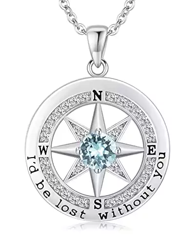 S925 Sterling Silver Necklace for Wife, Anniversary 18K White Gold Compass Necklace