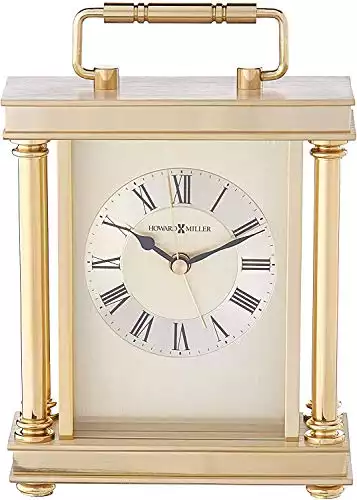 Howard Miller Audra Table Clock 645-584 – Brushed & Polished Brass Finishes, Decorative Handle, Black Accents, Home Decor