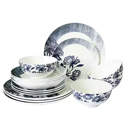 Dinnerware, Fine Bone China, 16 Piece Plates and Bowls Set, Service for 4, Roses