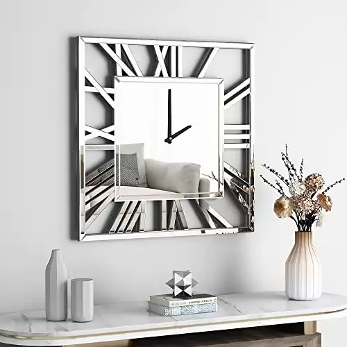 SHYFOY 24'' Wall Clocks for Living Room Decor - Glossy Mirror Finish, Kitchen Modern Decorative Mirrored Wall Clock