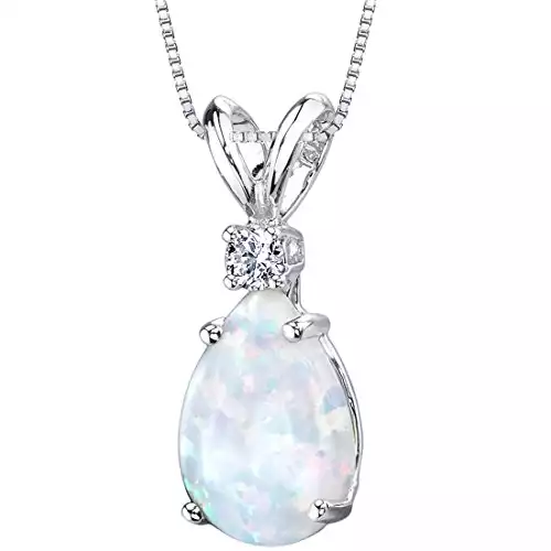 Peora Created White Opal with Genuine Diamond Pendant in 14K White Gold, Elegant Teardrop Solitaire, Pear Shape