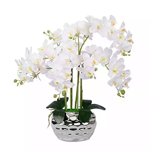 Artificial Orchid White Silk Orchids Plant Phalaenopsis Flowers Faux Flower Orquideas Grandes with Silver Vase