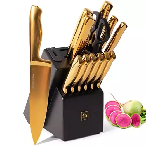 Black and Gold Knife Set with Block - 14 Piece Gold Knife Set with Sharpener Includes Full Tang Gold Knives and Self Sharpening Knife Block Set