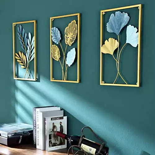 DeaTee Gold Metal Wall Decor Set of 3, Colorful Modern Metal Hanging Leaf Wall Art, Gold Leaves Accent Decor Home Decor
