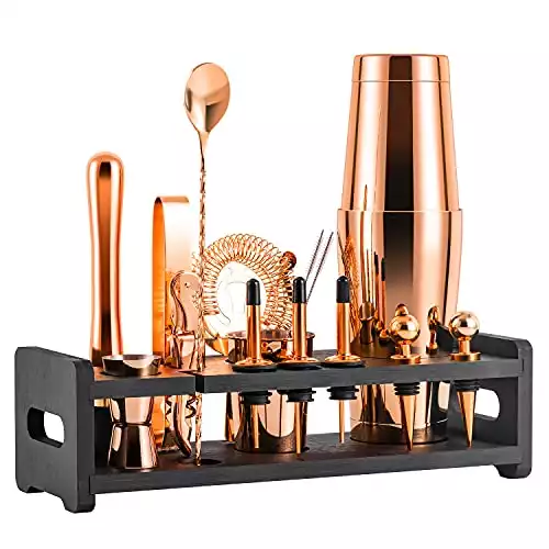 Soing 24-Piece Cocktail Shaker Set, Stand, Velvet Carry Bag and Recipes Cards (Rose copper)