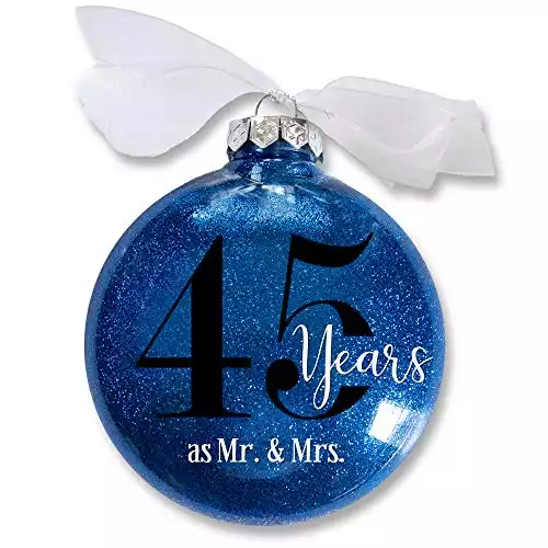 45th Wedding Anniversary Ornament, 45 Years as Mr & Mrs, Sapphire Anniversary Keepsake, Traditional Glitter Bauble with White Organza Bow