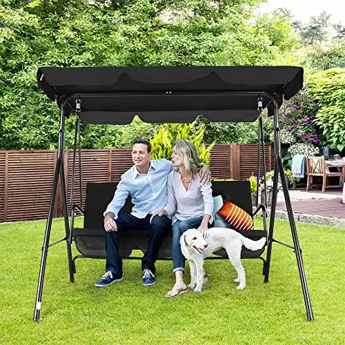 3-Seat Patio Garden Swing Chair, Outdoor Porch Swing with Adjustable Canopy and Durable Steel Frame