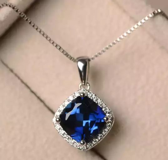 Cushion Cut Halo Kite Set Lab Sapphire Necklace by LUO