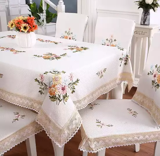 Embroidered Tablecloth With Floral Lace Edge