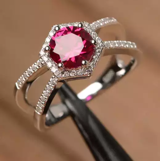 Hexagon Ruby Halo Ring With Split Shank by LUO