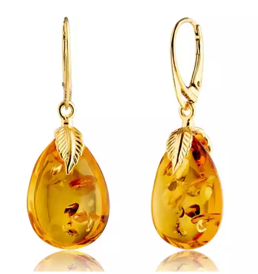 Natural Baltic Amber Drop Earrings Gold Plated