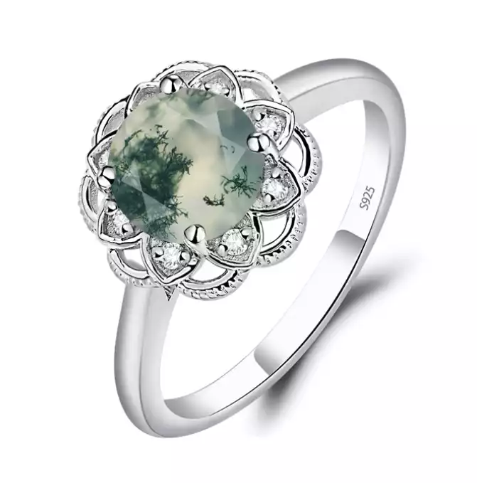 Vintage Moss Agate Halo Ring by LUO